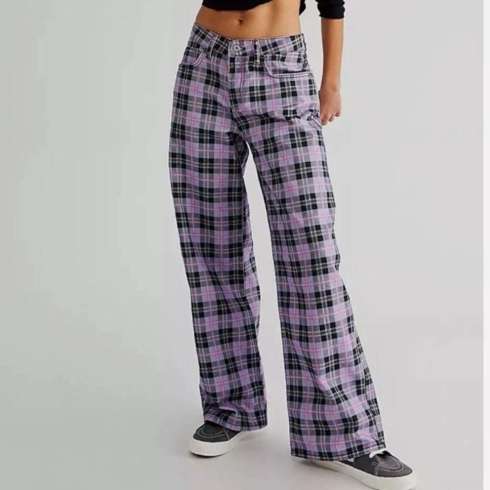 Purple Plaid Wide Leg Pants - Women